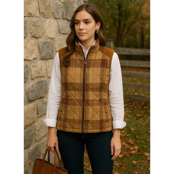 Vintage Ralph Lauren Tan Plaid Suede Women’s Vest Neutral Medium County Prep - Picture 1 of 13